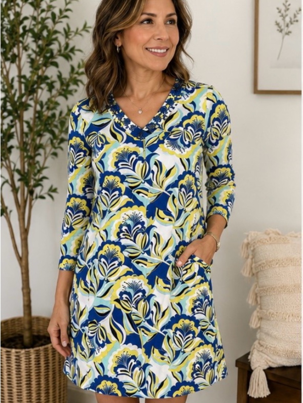Lands’ End NWT Petite Small Floral V-Neck Dress Blue Yellow 3/4 Sleeve .XS.